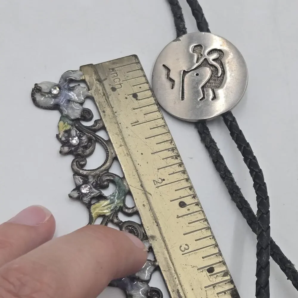Vintage Florenta Of California Pewter Iconography Southwestern Bolo Tie Cowboy